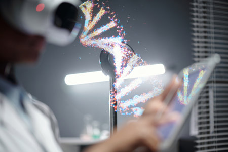 Person adjusting virtual reality headset while engaging in genetic research in laboratory...