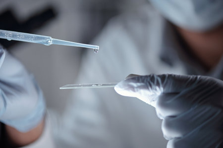 Close-up of scientist handling pipette and glass slide in lab. Wearing gloves for precision and safety during experiment. Focus on meticulous processの写真素材