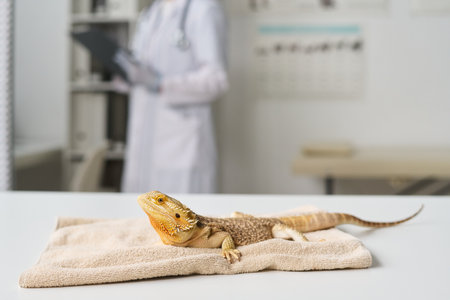 Closeup of small iguana lying on towel on desk in veterinary office, copy spaceの写真素材