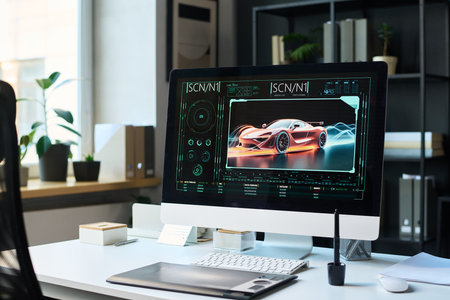 No people of computer screen with graphic design software, displaying concept of racing car in motion, in office of auto engineering companyの写真素材