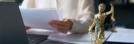 Bronze Lady Justice statuette on desk of attorney in law firm, holding scales and sword, and female lawyer working with documents in blurred background, headerの写真素材