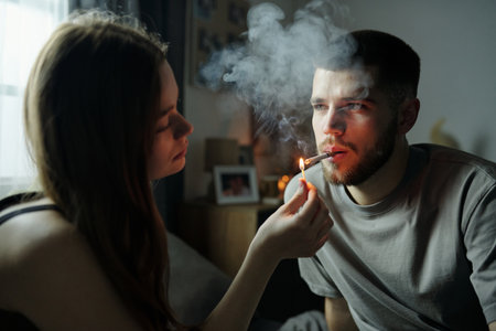 Woman lighting cigarette for man in dimly lit room with smoke swirling around and photos on wall creating moody atmosphereの写真素材