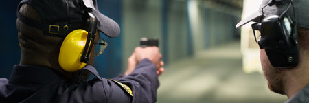 Two people practicing their shooting skills at an indoor shooting range, focusing on their targets, both wearing protective gear ensuring safetyの写真素材