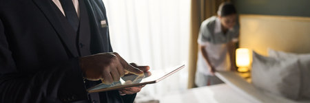 Close-up of businessman using tablet in hotel room with housekeeping staff tidying bed in background...