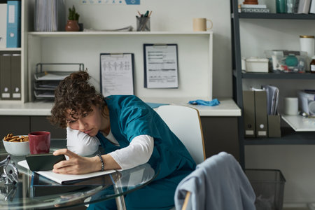 Nurse sitting at desk in medical office reading important documents while drinking coffee and leaning on handの写真素材