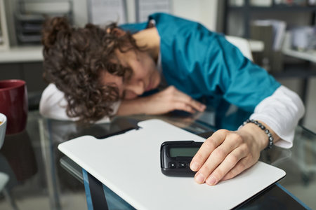 Tired healthcare worker wearing scrubs resting at desk with head down on white clipboard. Medical...