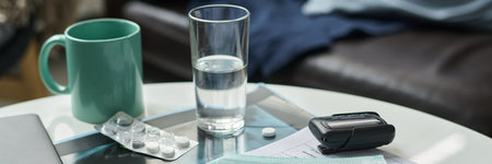 Medical gadgets and supplies on surface with a green mug, glass of water, and pill strips arranged...