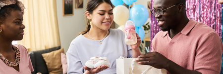 Young adult Black woman, young adult Caucasian woman, and young adult Black man celebrating gender...
