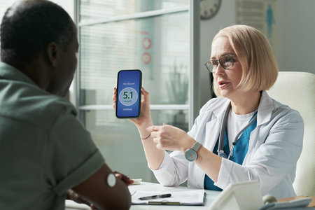 Middle aged Caucasian female doctor showing glucose level on digital device to middle aged Black man...