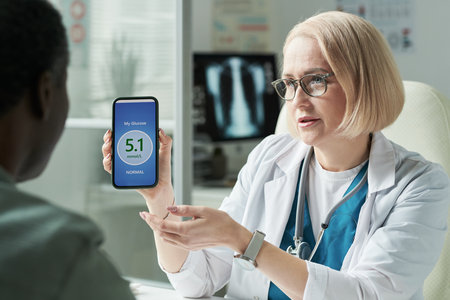 Caucasian middle aged female doctor showing smartphone with glucose level app to Black middle aged male patient during diabetes consultation in medical office, discussing health resultsの写真素材