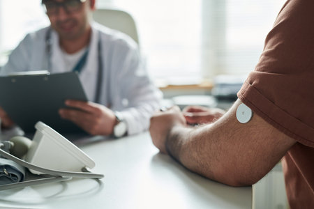 Middle aged Caucasian man with diabetes sitting in medical office wearing glucose monitor on upper arm consulting male doctor holding clipboard during health checkupの写真素材