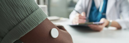 Middle aged Black man wearing glucose monitor on arm consulting with Caucasian female doctor in...