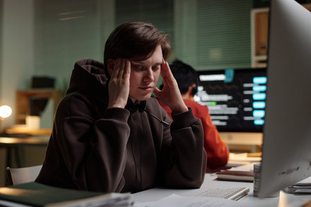 Caucasian young adult woman wearing headset sitting at desk holding head in hands appearing stressed while working at computer in scam call centerの写真素材