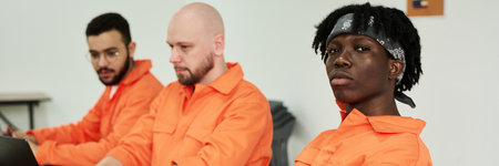 Three young adult men sitting side by side wearing orange uniforms, Black man in foreground looking...