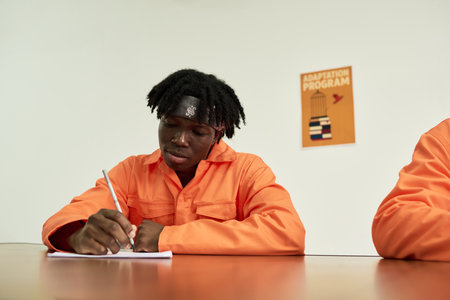 Black teenage boy wearing orange uniform sitting at table writing in notebook, participating in adaptation program, focused on completing assignment, poster visible on wallの写真素材