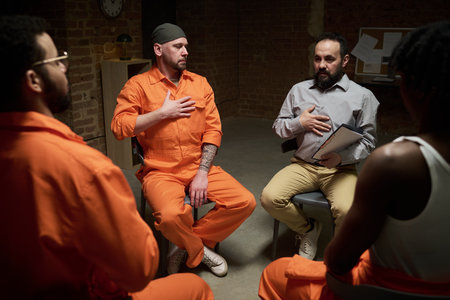 Diverse group of adult men participating in group therapy session in prison, sitting in circle with hands on chests, male facilitator leading discussionの写真素材