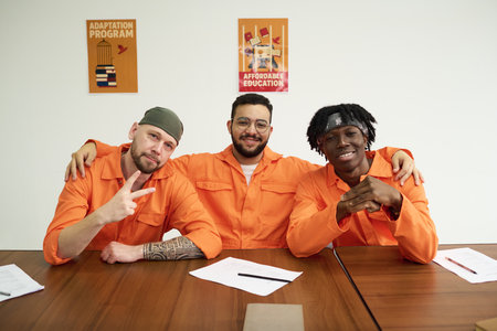 Three young adult inmates sitting at table wearing orange uniforms, smiling and posing together, one making peace sign, paperwork and pens on tableの写真素材