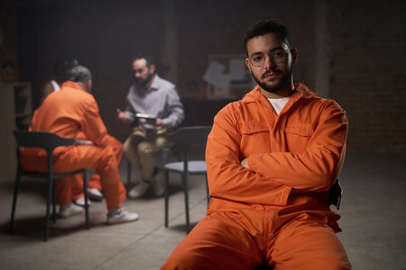 Portrait of young adult man sitting with arms crossed in foreground, while diverse group of men in orange prison uniforms participating in group therapy session with counselor in backgroundの写真素材