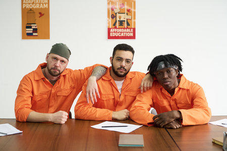 Three young adult prisoners sitting at table in orange uniforms, looking at camera with serious...