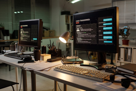 Two computer monitors displaying fraudulent transaction data on desks in scam call center, office...