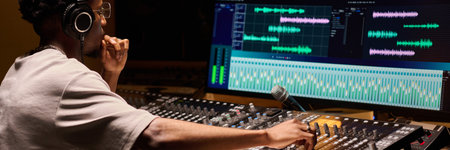Black young adult man operating professional audio mixing console in recording studio, wearing...