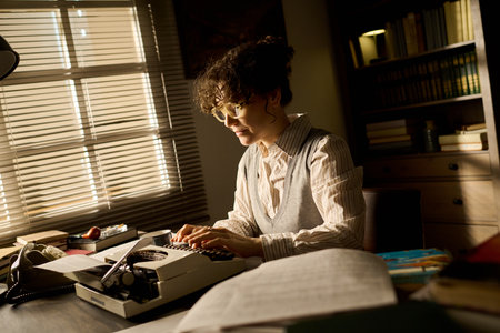 Caucasian young adult woman sitting at desk typing on vintage typewriter, wearing glasses,...