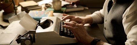 Middle aged Caucasian man typing on vintage typewriter at desk, hands visible pressing keys, surrounded by books and papers, working in focused manner, wearing formal attireの写真素材