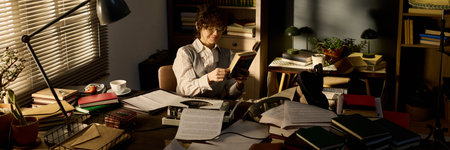 Caucasian young adult woman sitting at cluttered desk reading book, surrounded by stacks of papers...
