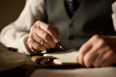 Caucasian middle aged man writing with fountain pen on notepad, close up of hands showing gold...