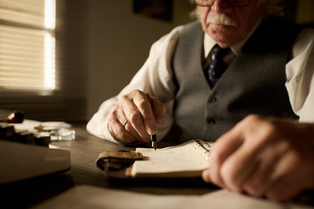 Senior Caucasian man sitting at desk writing in notebook with pen, wearing glasses and vest, focusing on notes, close up of hand and face partially visible in office settingの写真素材