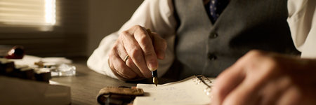 Caucasian senior man writing with fountain pen on paper at desk, wearing formal vest and tie, hand with wedding ring visible, sunlight streaming through window blinds in backgroundの写真素材