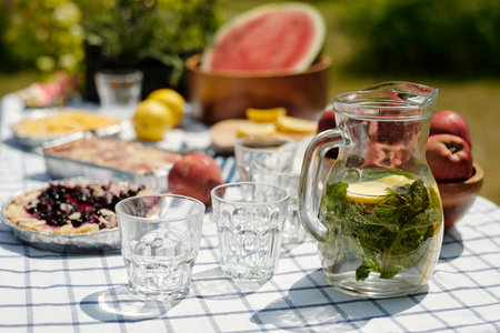 Glass pitcher with lemon slices and mint standing on checkered tablecloth near empty glasses, fresh...
