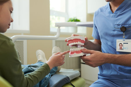 Caucasian child sitting in dental chair learning about oral hygiene, as male dentist in scrubs holding dental model demonstrating proper tooth care during educational appointmentの写真素材