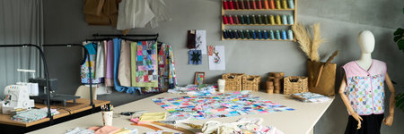Mannequin wearing patchwork shirt standing in sewing studio with colorful fabric squares, sewing machine, spools of thread, baskets, and unfinished textile projects visibleの写真素材