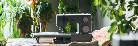 Sewing machine positioned on table surrounded by green plants, fabric pieces scattered nearby, natural light illuminating workspace, no people visible in sceneの写真素材
