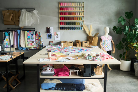 Sewing studio workspace showing large table covered with colorful fabric pieces, sewing machine, spools of thread on wall, mannequin displaying patchwork vest, creative tools scatteredの写真素材