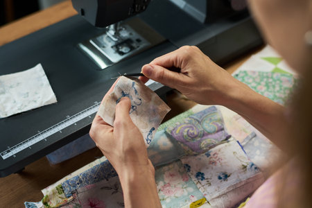 Caucasian young adult woman using seam ripper to remove stitches from fabric square near sewing machine, hands holding textile pieces while working on patchwork projectの写真素材