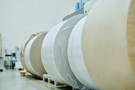 No people shot of huge rolls of paper in modern print shop storehouse, copy spaceの写真素材
