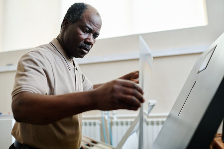Medium portrait of mature African American man working in printing house holding sheet of paperの写真素材