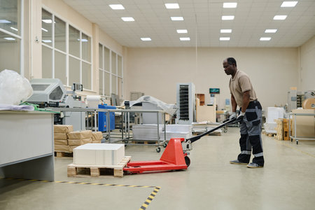 Long shot of mature Black man working in print house using pallet jack to transport piles paperの写真素材
