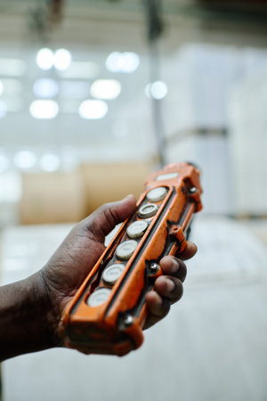 Close-up of hoist controller in hand of unrecognizable Black man, workday in warehouse conceptの写真素材