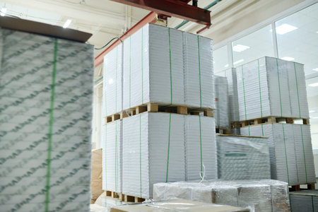 No people shot of piles of packed white paper in modern print shop warehouse, copy spaceの写真素材