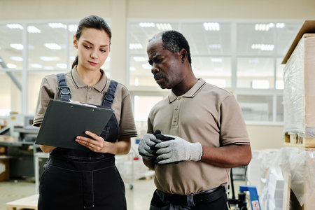 Medium shot of young Caucasian woman and mature Black man working in print shop checking amount of suppliesの写真素材