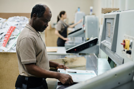 Selective focus shot of mature Black man working in modern printing house using paper cutterの写真素材