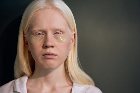 Horizontal close-up studio portrait of white-haired Caucasian woman with collagen patches under eyes looking at cameraの写真素材