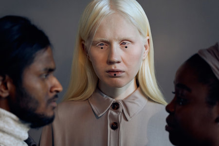Close-up portrait of young Caucasian woman with unusual make-up standing in front of Indian man and Black woman looking at each otherの写真素材