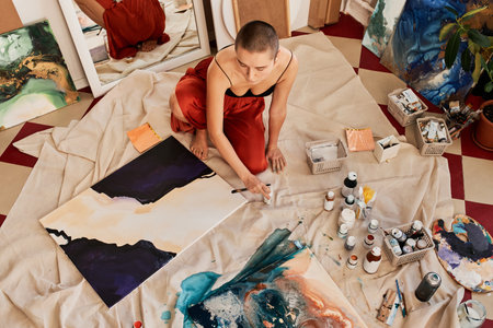 From above view shot of creative young artist spending time in studio sitting on floor working on...