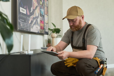 Middle aged Caucasian man with beard wearing work uniform sitting near television configuring...