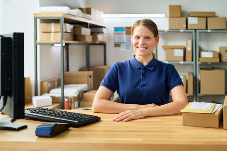 Portrait of Caucasian young adult woman sitting at desk in warehouse office smiling at camera, hands...