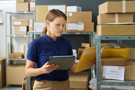 Caucasian young adult woman standing in warehouse holding tablet and examining envelope surrounded...